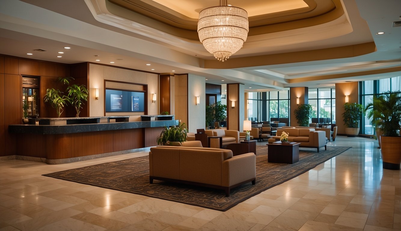 A luxurious hotel lobby with modern decor and comfortable seating, a concierge desk with friendly staff, and a sign displaying the various services offered at Embassy Suites Deerfield Beach