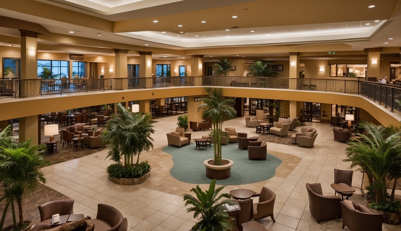 The lobby of Embassy Suites Deerfield Beach is bustling with guests enjoying the complimentary evening reception and socializing in the spacious atrium. The front desk staff warmly welcomes new arrivals while efficiently assisting others with check-in and inquiries