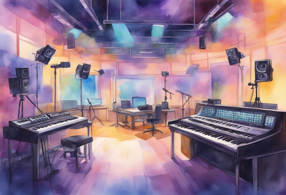 A film set with AI technology controlling cameras and lighting. Music studio with AI composing and producing music. Success stories displayed in the background