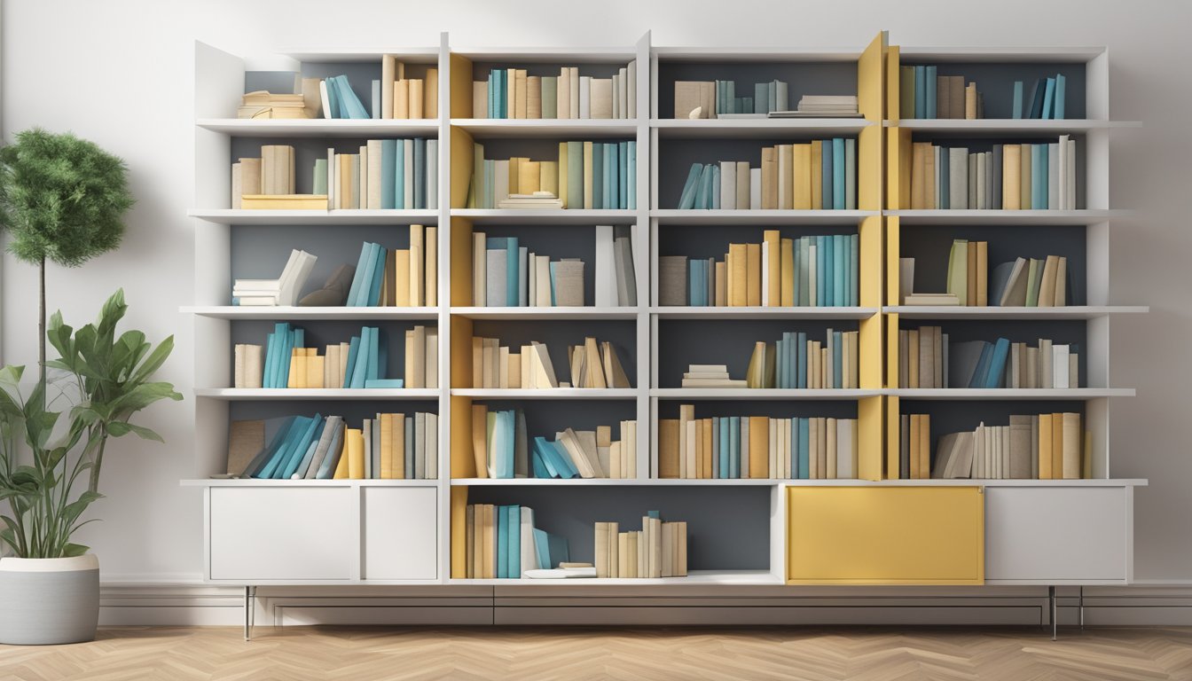 A sleek, modern bookshelf stands against a white wall, its doors closed to reveal a clean and organized interior. Various books and decorative items are neatly displayed, showcasing the shelf's functionality and versatility