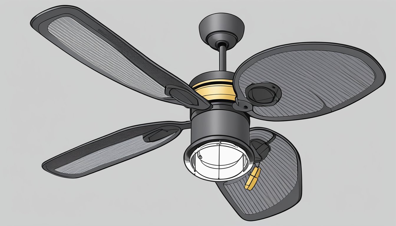 A ceiling fan capacitor is mounted inside the fan housing, connected to the motor with wires. It is a small, cylindrical component with two or three prongs protruding from one end