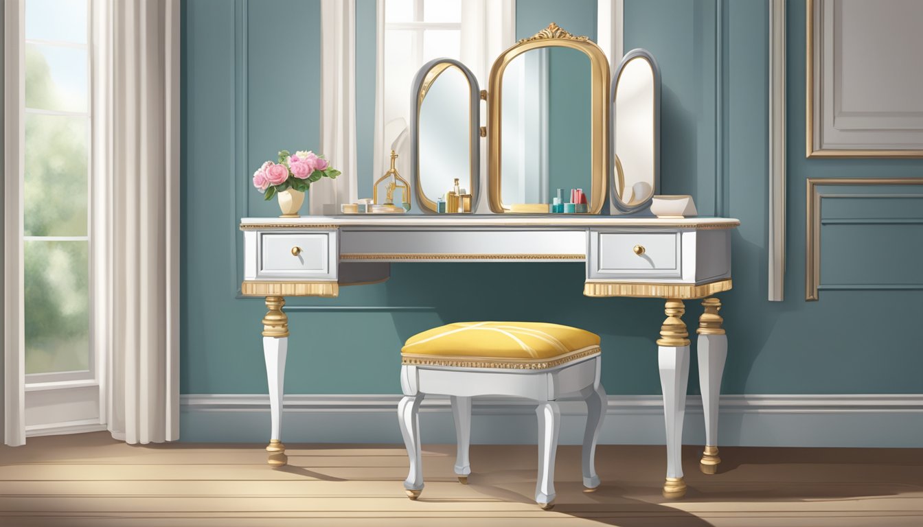 A dressing table stool sits in front of a mirror, adorned with a cushion and elegant legs