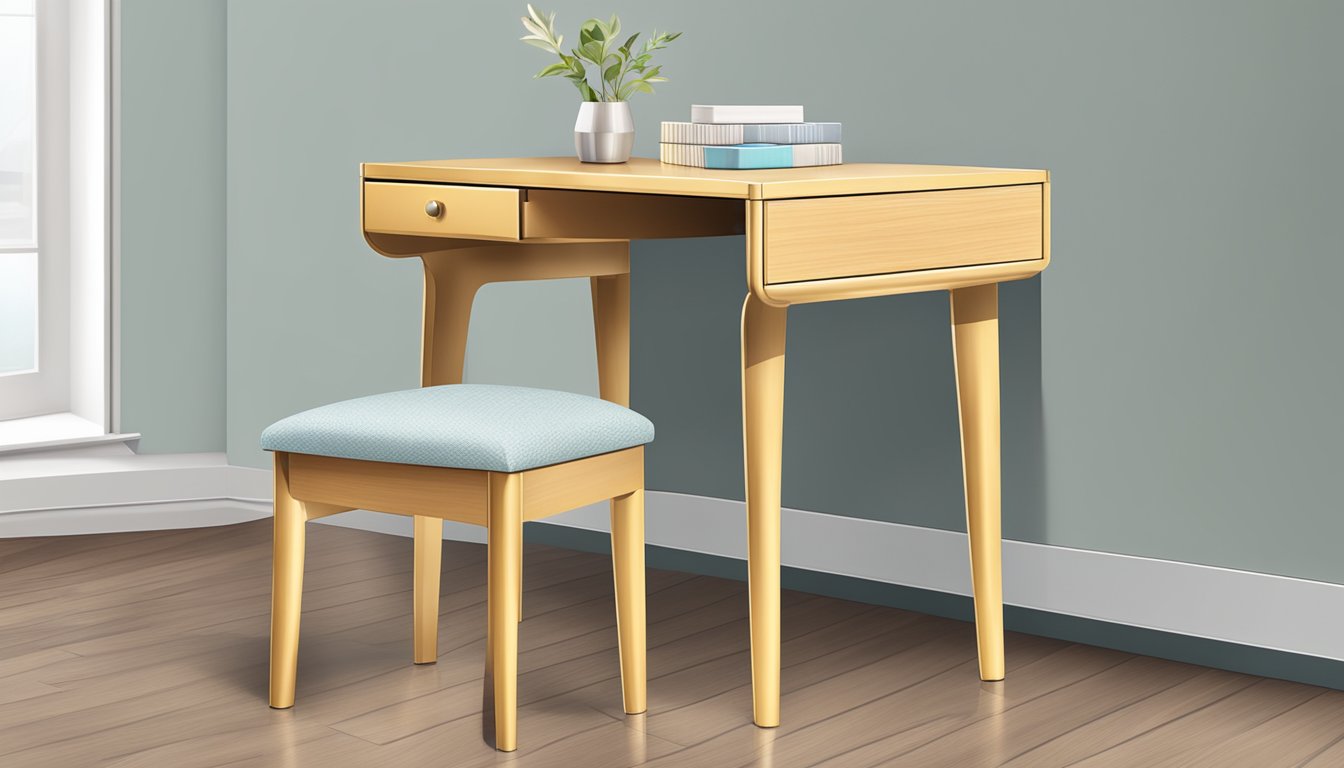 A dressing table stool with padded seat, four sleek legs, and a small drawer for storage