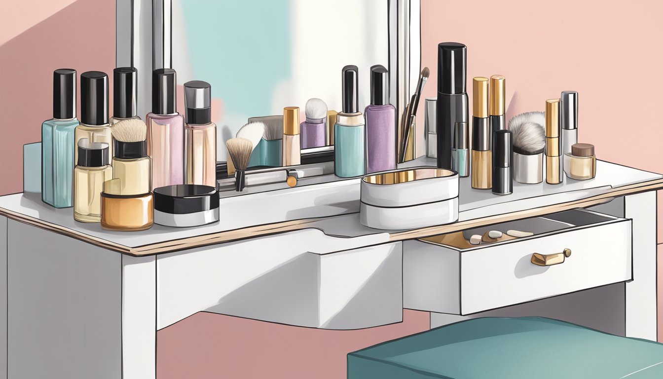 A dressing table stool positioned next to a mirror, with beauty products neatly arranged on the table