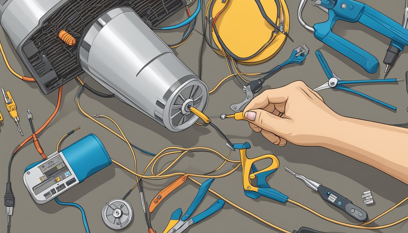 A hand reaches up to replace a ceiling fan capacitor, surrounded by tools and wires
