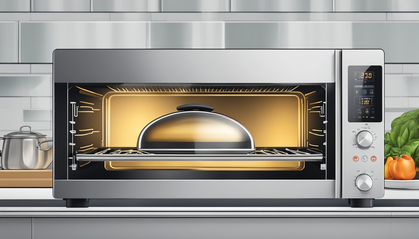 A combi steam oven emits steam while cooking food at a high temperature. The oven's digital display shows the cooking time and temperature settings