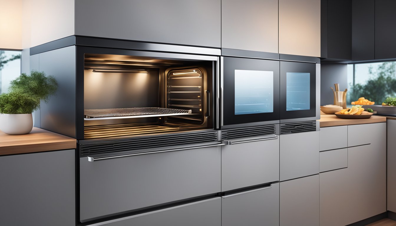 A sleek combi steam oven with touch screen controls, emitting steam from the top and heat from the bottom