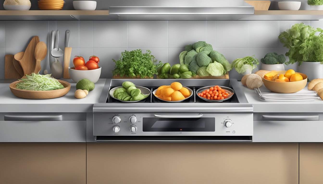 Fresh ingredients arranged on a clean countertop, a modern combi steam oven emitting steam, and a digital control panel set to a specific cooking mode