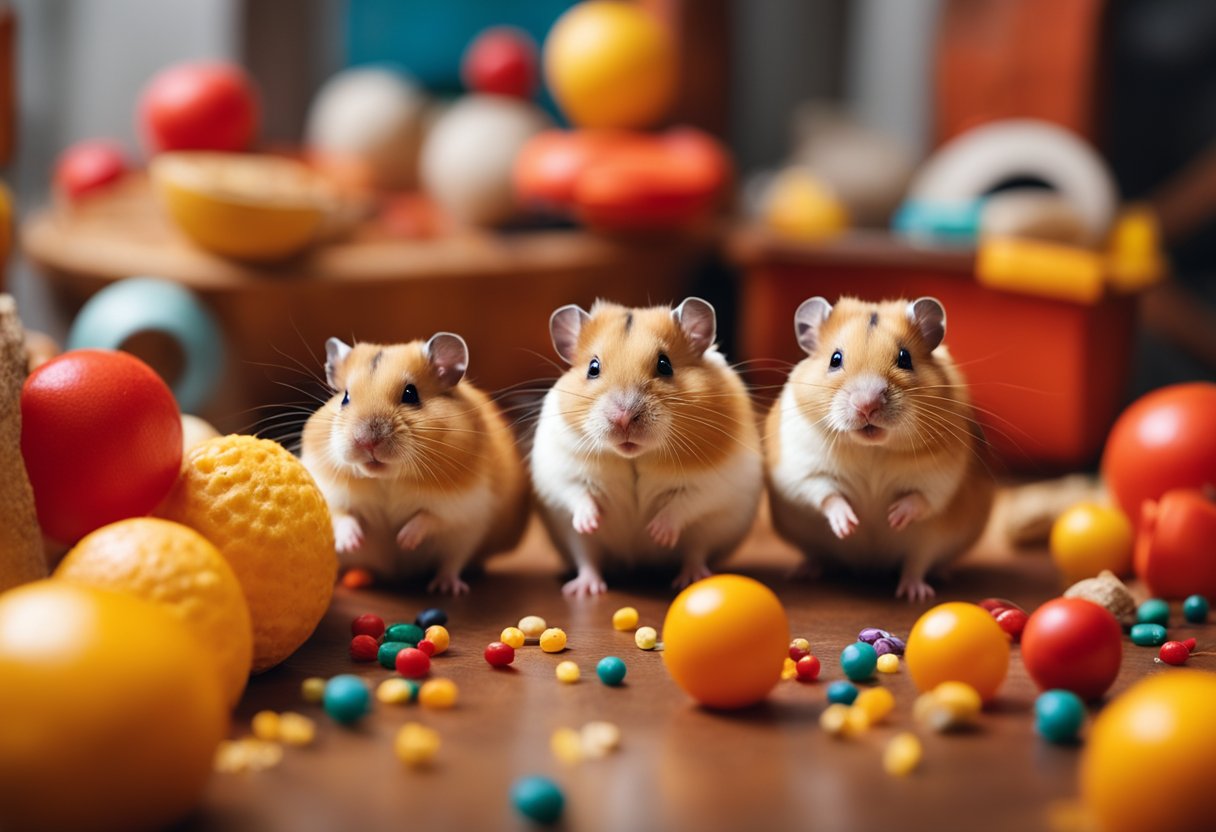 Hamsters surrounded by bright red, orange, and yellow objects, with a disgusted expression