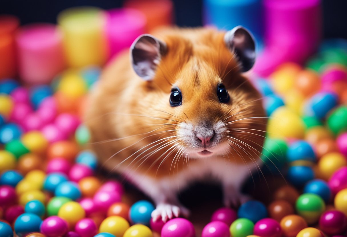 A hamster surrounded by bright, neon colors, with a look of discomfort on its face