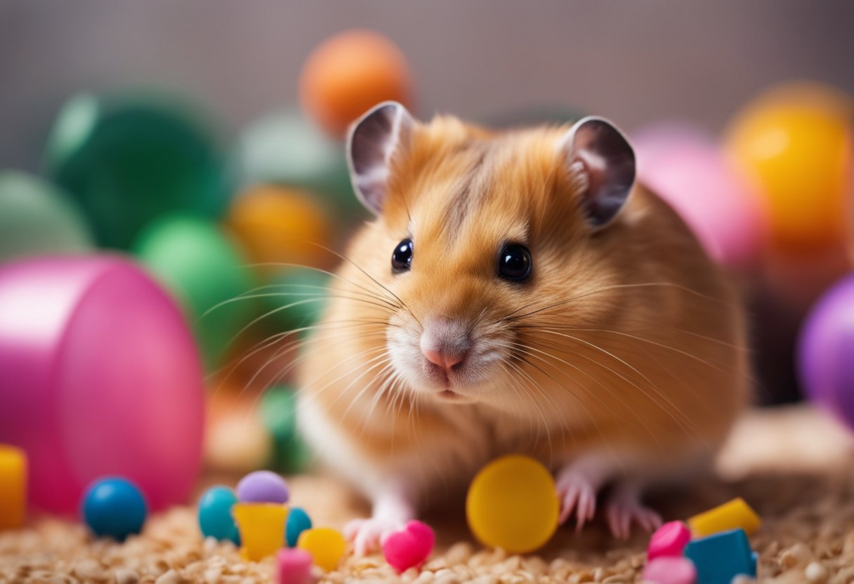 A hamster surrounded by various colored objects, showing a clear aversion to certain colors through body language and facial expressions