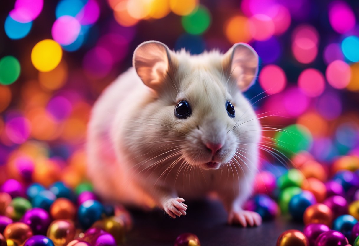 A hamster surrounded by bright, neon colors, with a displeased expression on its face