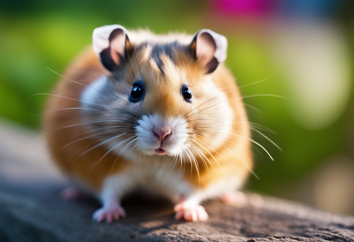A hamster surrounded by bright, vibrant colors, with a disapproving expression on its face