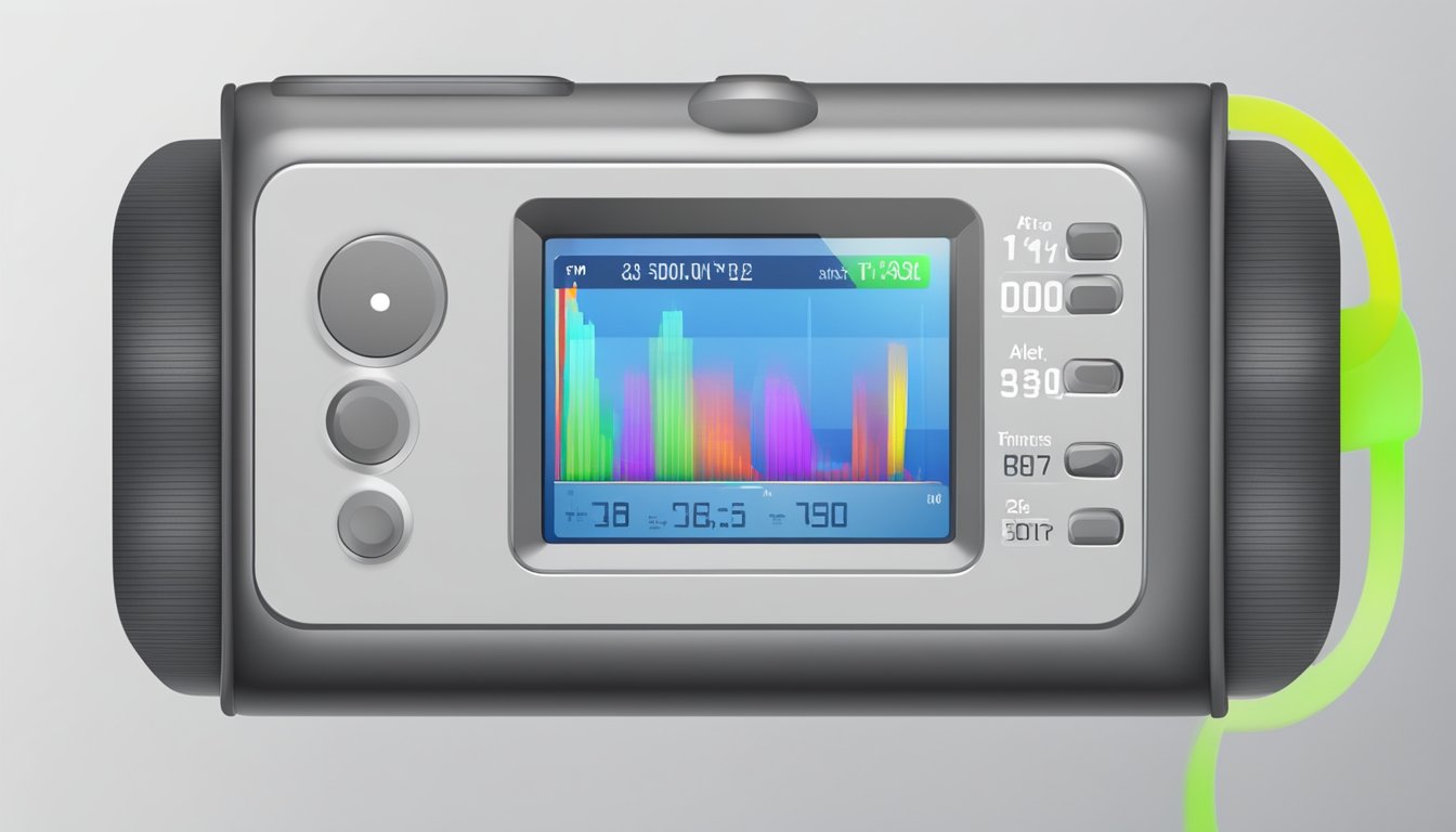 A heart rate monitor displaying a high reading during exercise, with a cautionary alert symbol flashing