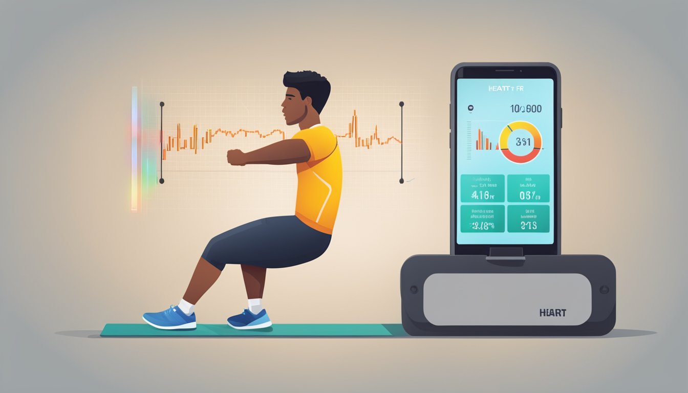 A heart rate monitor displaying a dangerously high heart rate during exercise, with a warning symbol and a person stopping their workout