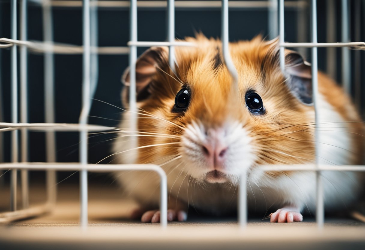 A grumpy hamster with narrowed eyes and bared teeth, huddled in a corner of its cage, ignoring any attempts at interaction
