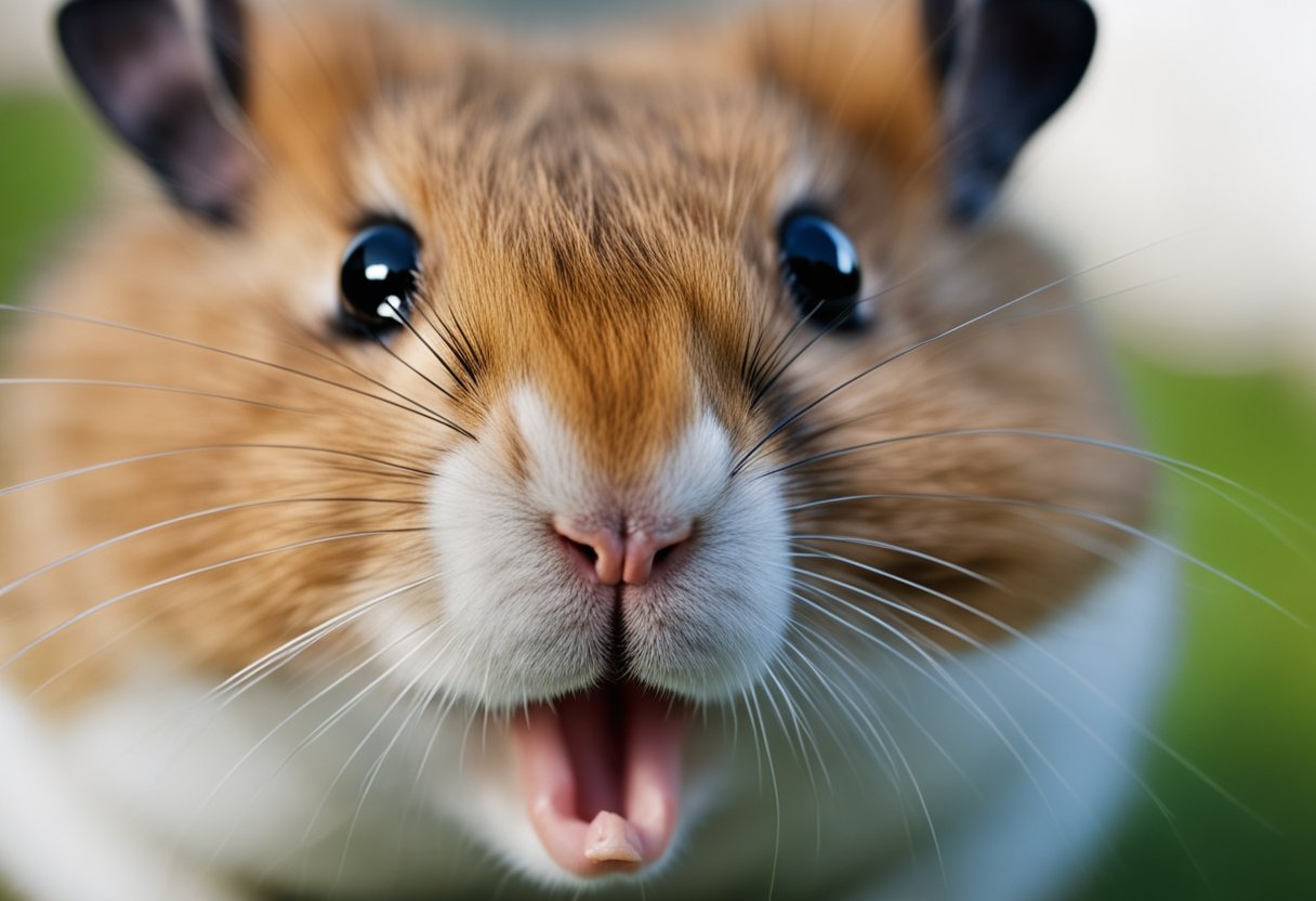 A snarling hamster bares its teeth, hunched and aggressive with narrowed eyes, ears flattened against its head
