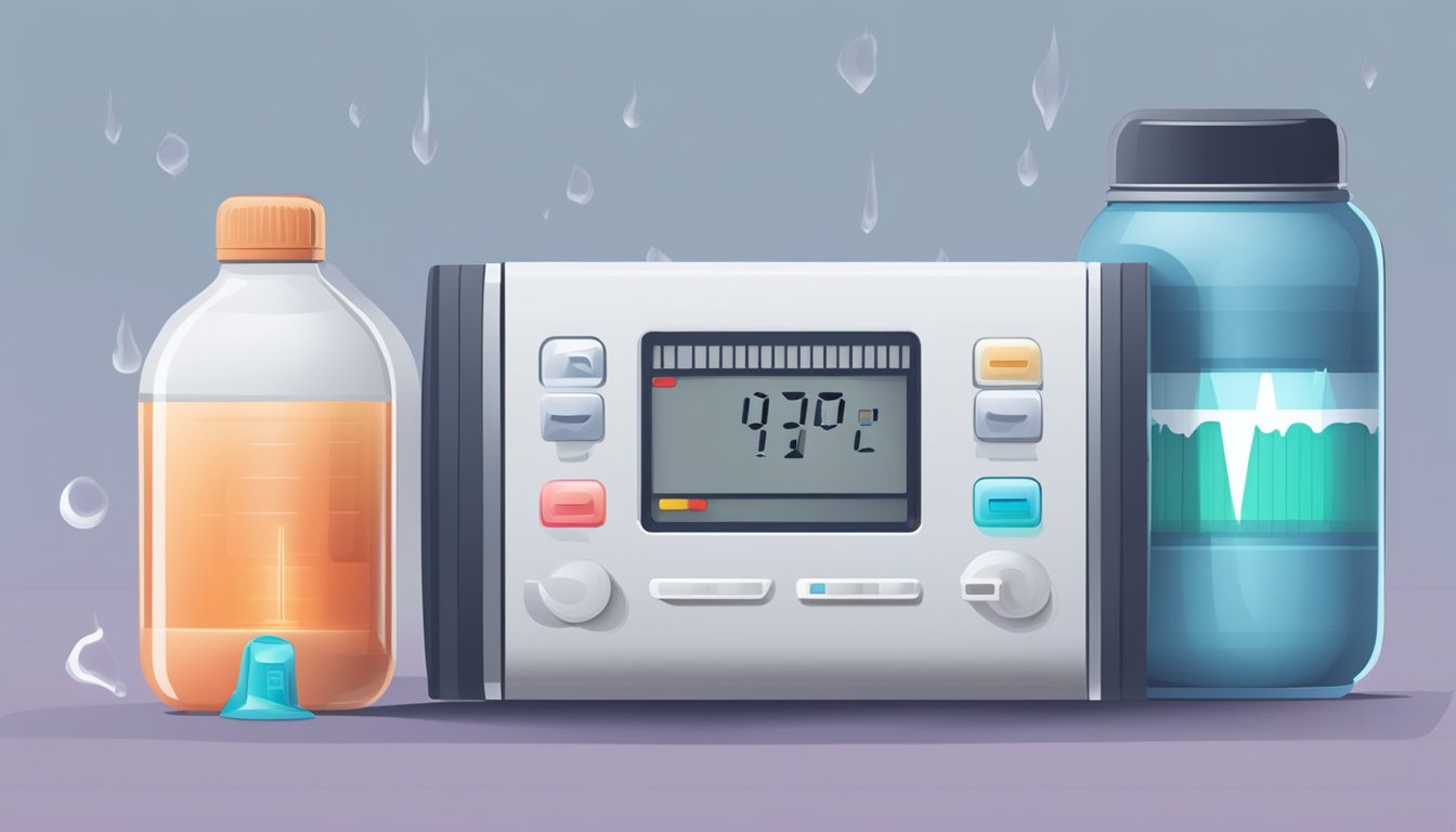 A heart rate monitor displaying a high number. Sweat drips from a water bottle. A concerned expression