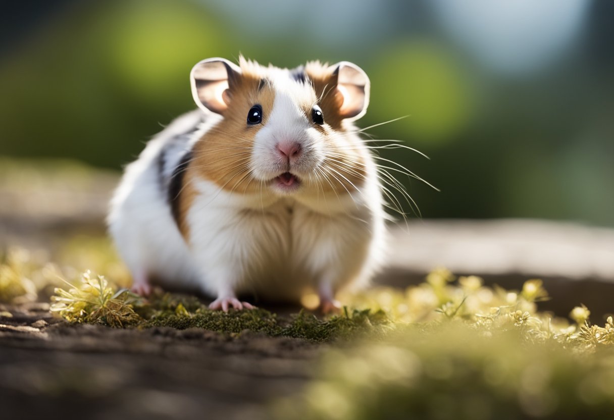 A grumpy hamster with a scowling expression, hunched posture, and bared teeth, glaring at other hamsters