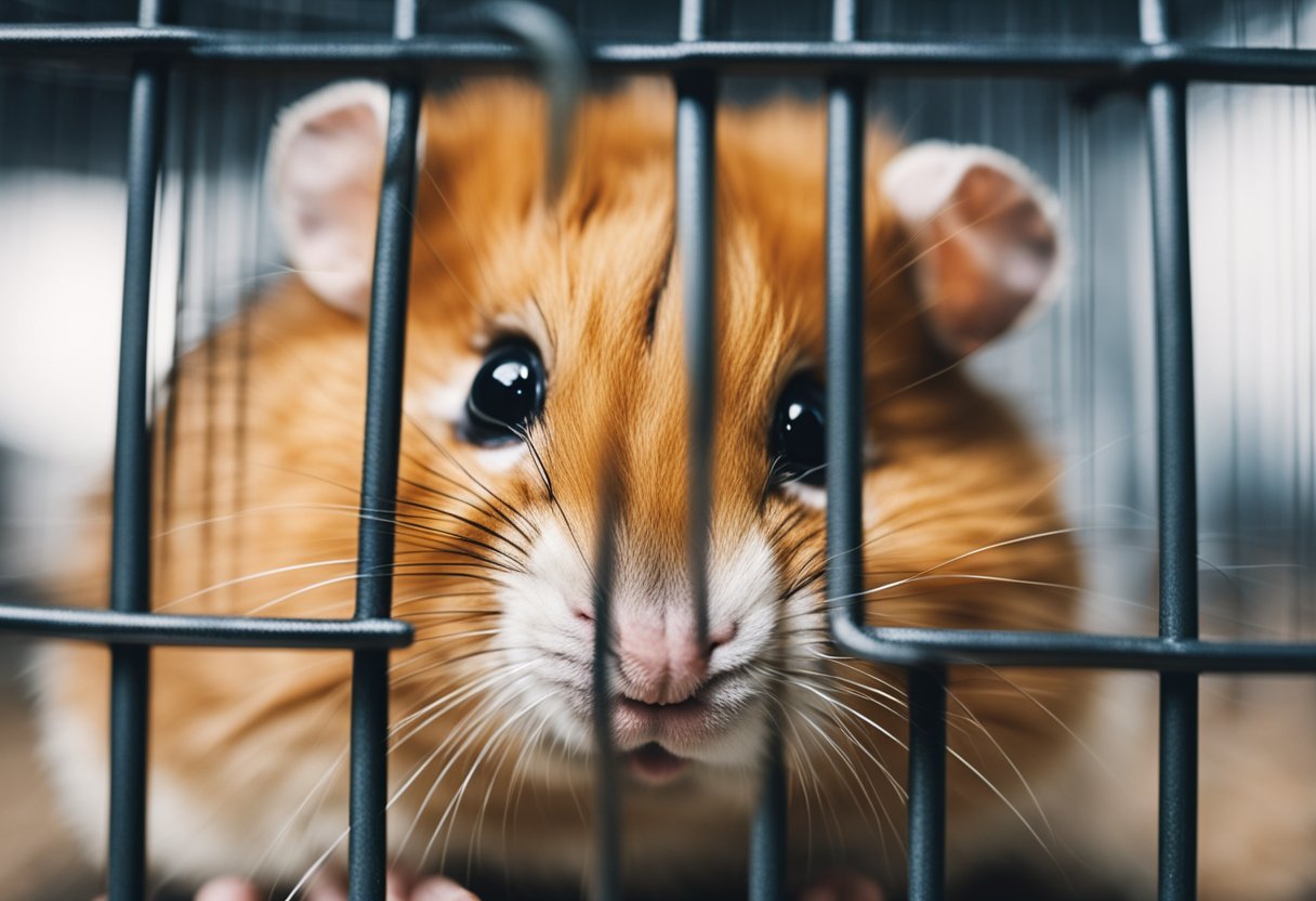 A grumpy hamster scowls in its cage, fur bristling, teeth bared