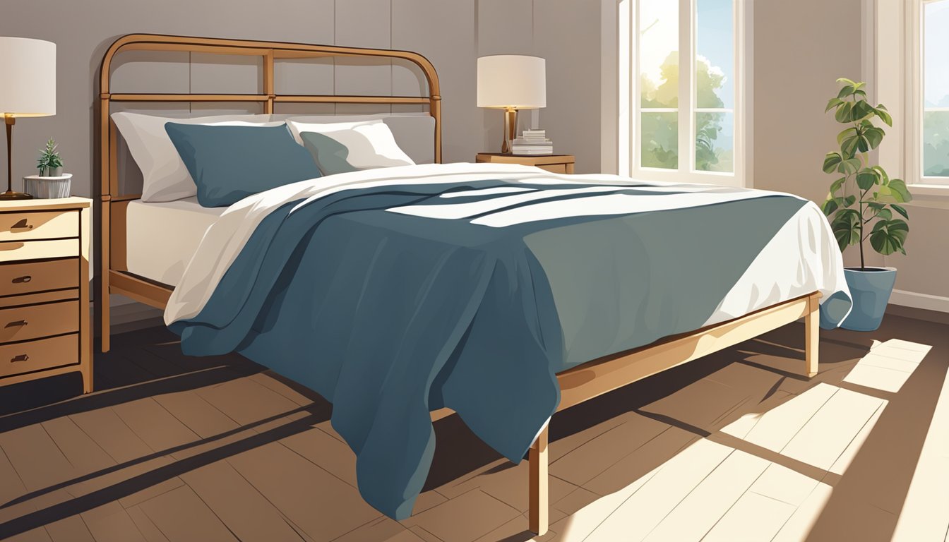 A high bed frame looms in a sunlit room, casting long shadows on the floor