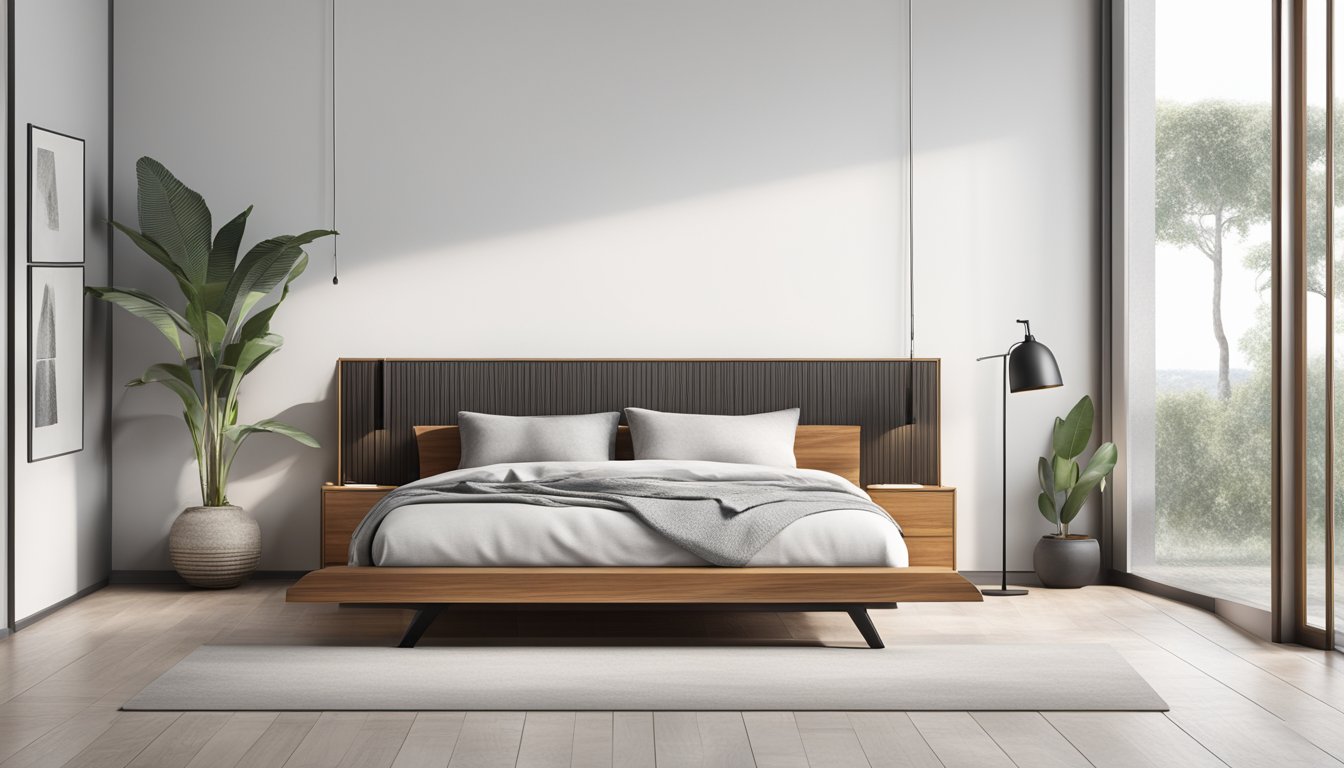 A wooden high bed frame stands against a white wall, with sleek, modern design and metal accents