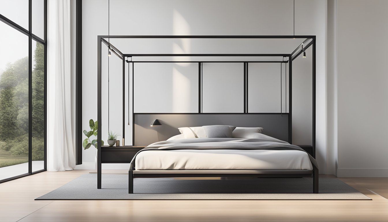 A tall bed frame with sleek, modern design. Elevated off the ground, with ample space underneath. Sturdy construction and minimalist aesthetic
