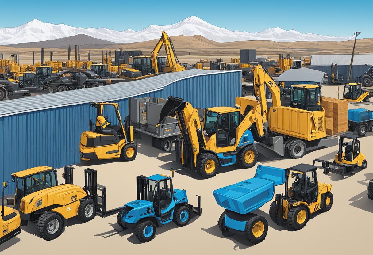 A bustling equipment rental yard in Casper, WY. Forklifts, generators, and construction tools fill the lot. A bright blue sky and rugged landscape provide the backdrop