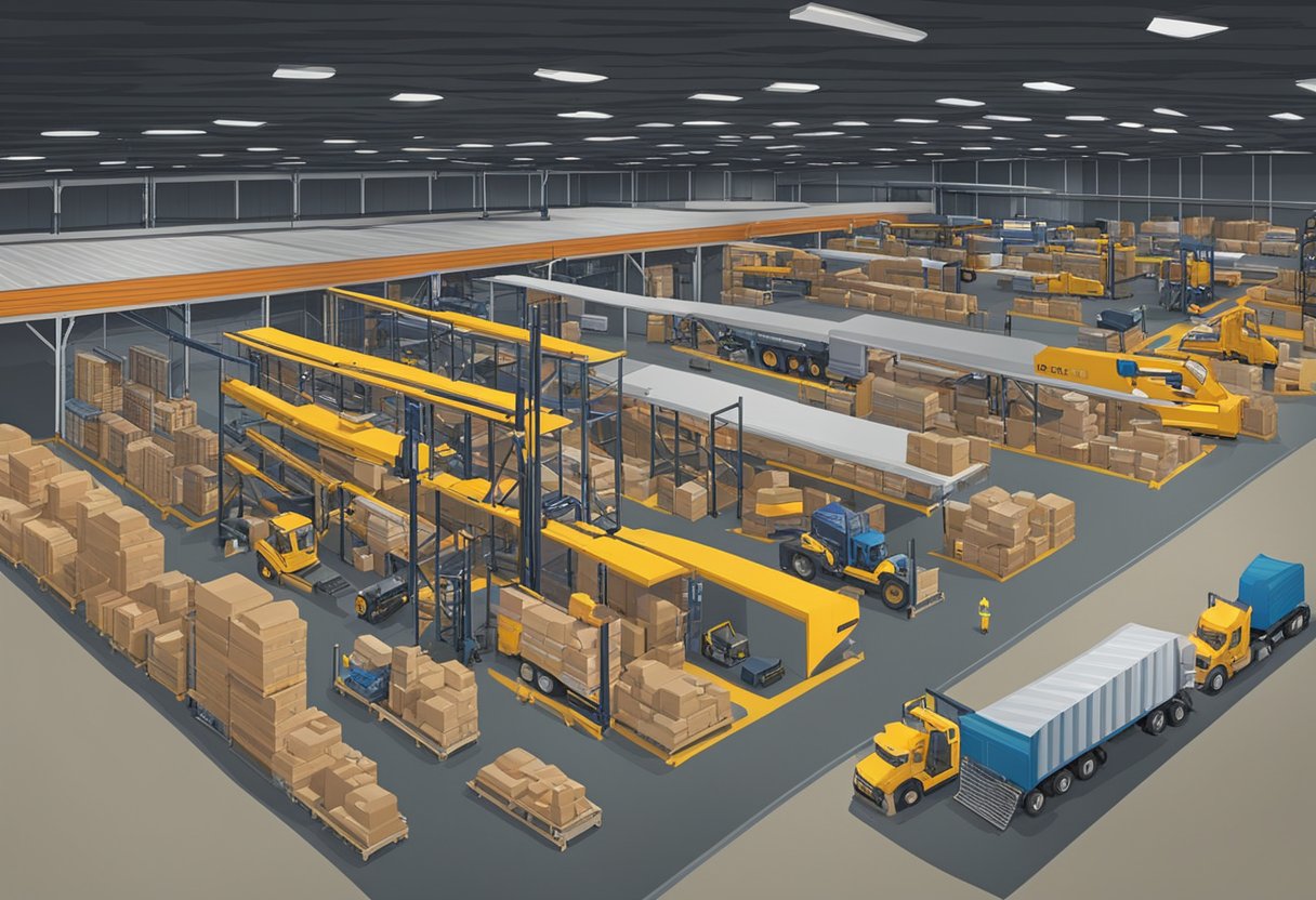 A warehouse in Casper, Wyoming displays various equipment for rent. Trucks, tools, and machinery are neatly arranged with price tags and rental terms clearly visible