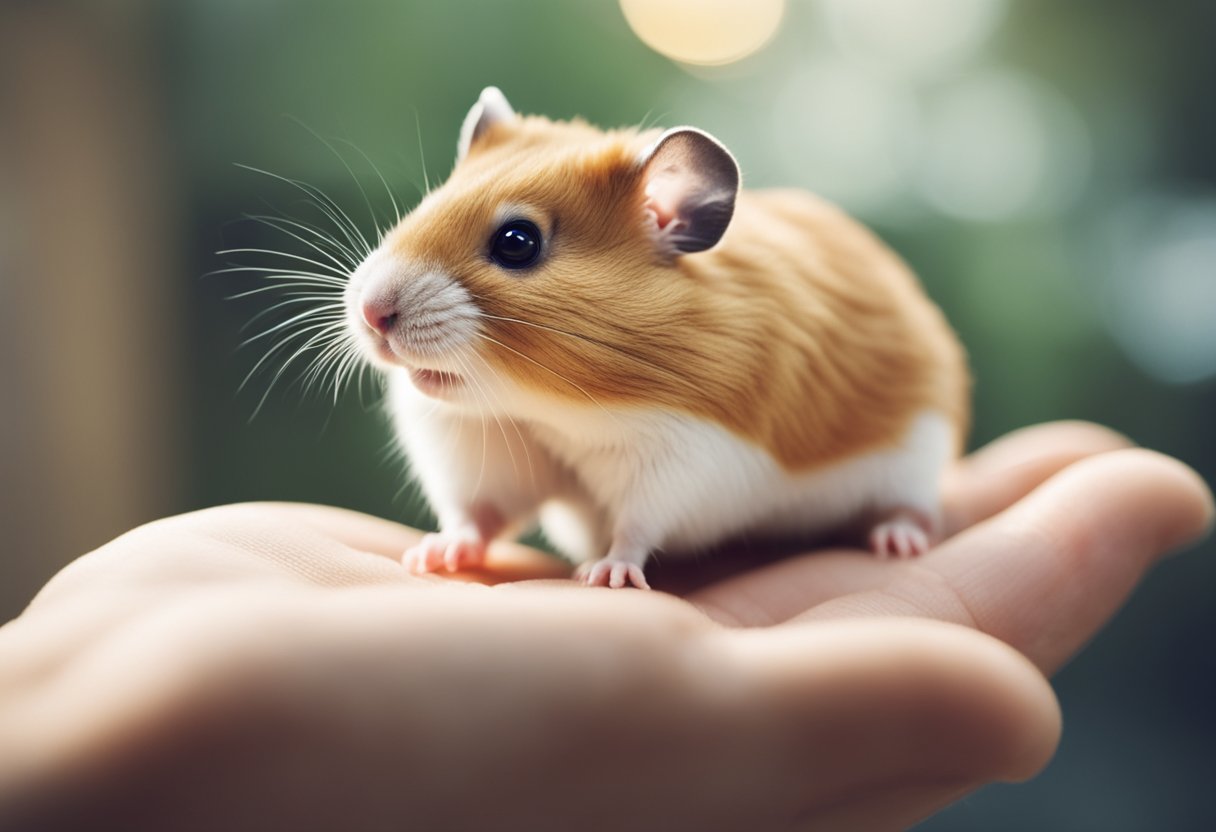A hamster recoils from a hand reaching out to touch it