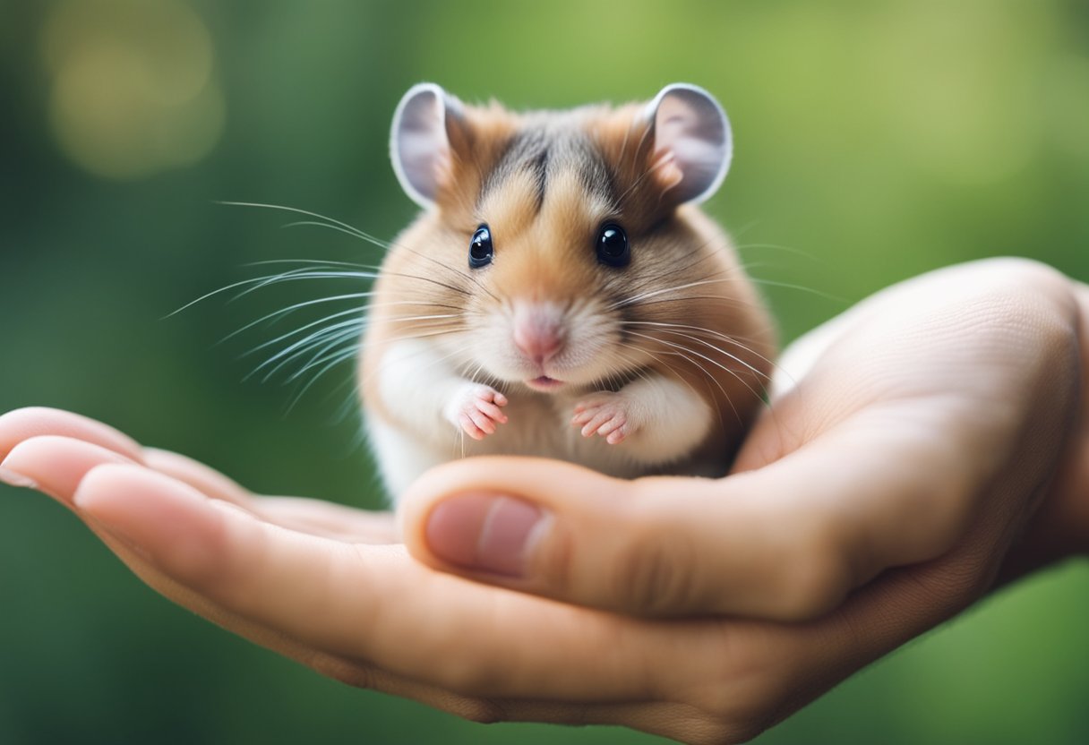 A hamster recoils from a hand reaching towards it, its body language indicating discomfort or fear