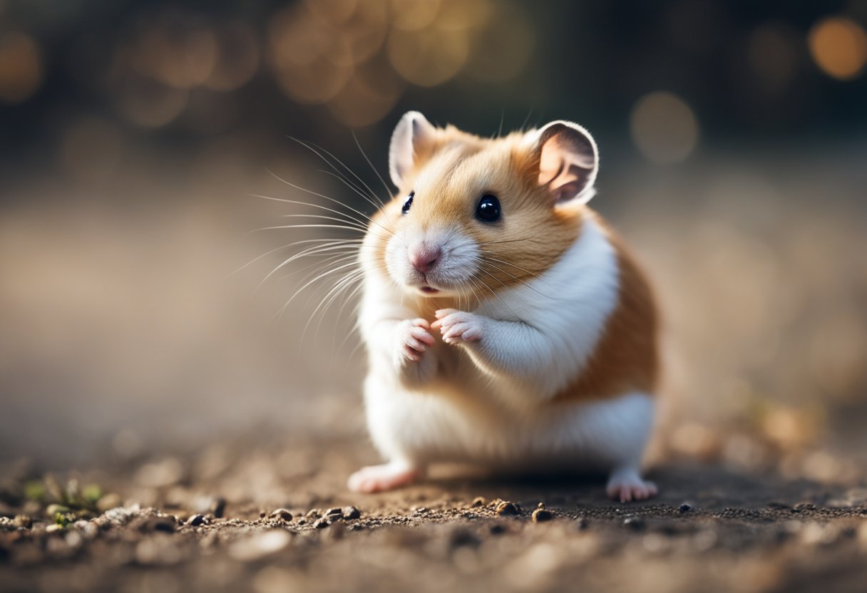 A hamster recoils from a reaching hand, its body tense and ears flattened
