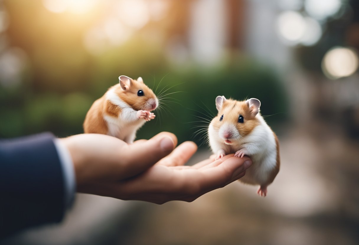 A hamster recoils from a hand reaching out to touch it