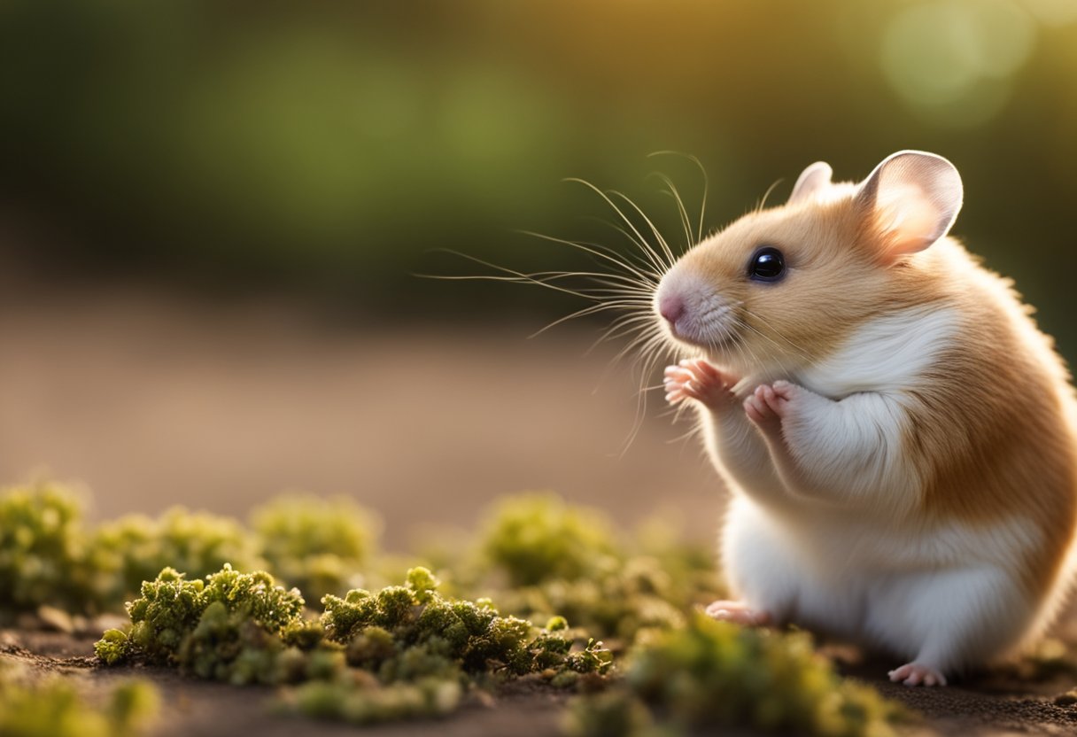 A hamster recoils from a looming hand, ears flattened and eyes wide with fear