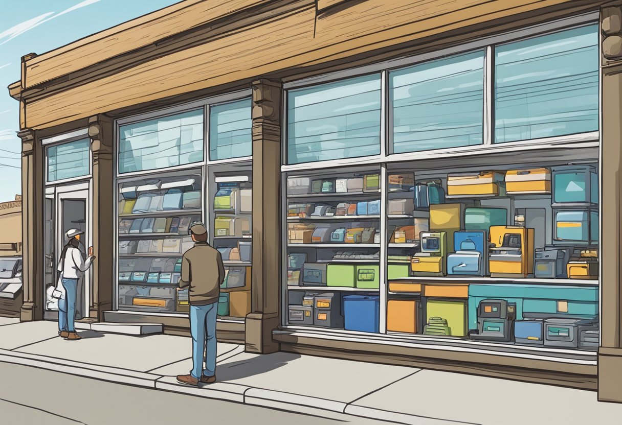 A person standing in front of a rental store, examining various equipment options displayed in the storefront window. The store sign reads "Choosing the Right Equipment for Your Project - equipment rental casper wy."