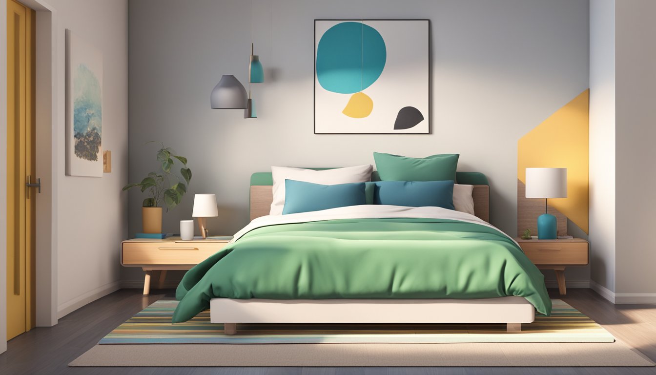 A single bed is positioned against the wall, with a compact nightstand and a small lamp. The bed is neatly made with a colorful duvet and pillows, and there is a small rug on the floor