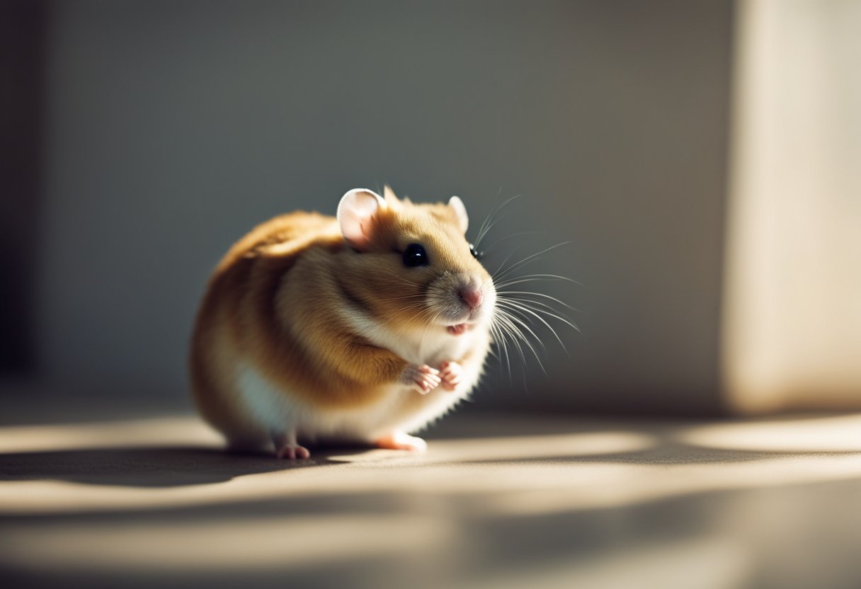 A hamster cowers in a corner, trembling at the sight of a looming shadow