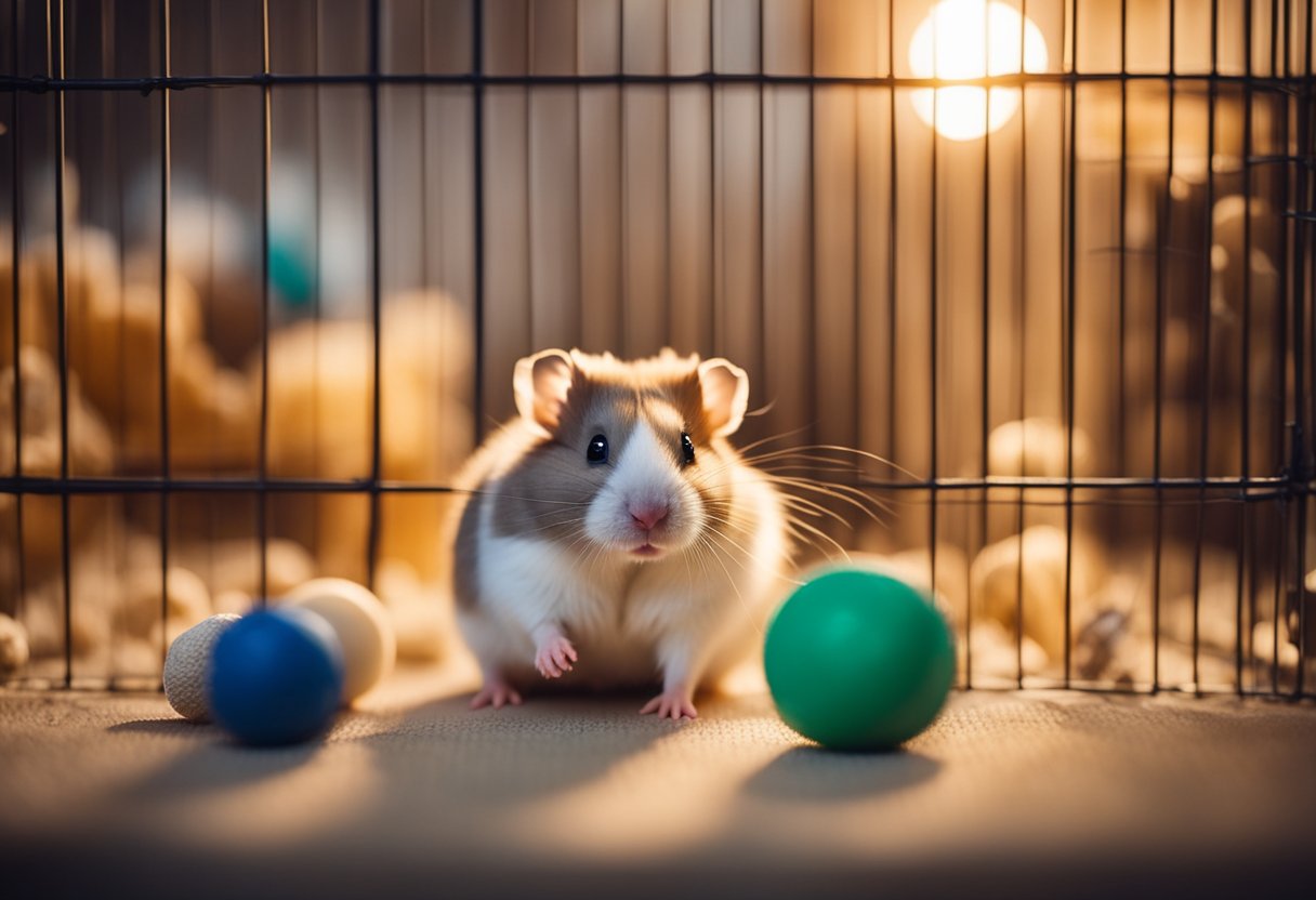 A hamster sitting calmly in its cage, surrounded by familiar toys and bedding, with soft, gentle lighting to create a sense of comfort and security