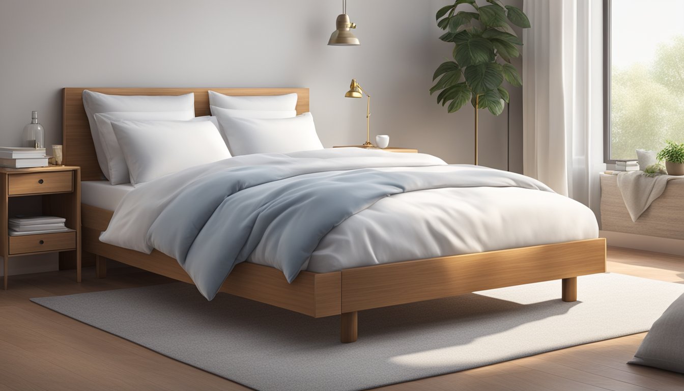 A single bed with a width of 36 inches, neatly made with a white duvet and two fluffy pillows
