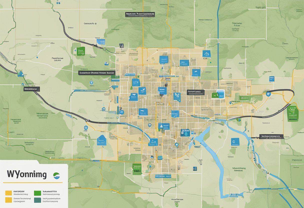 A map of Wyoming with highlighted strategic locations and supplier network for equipment rental in Casper