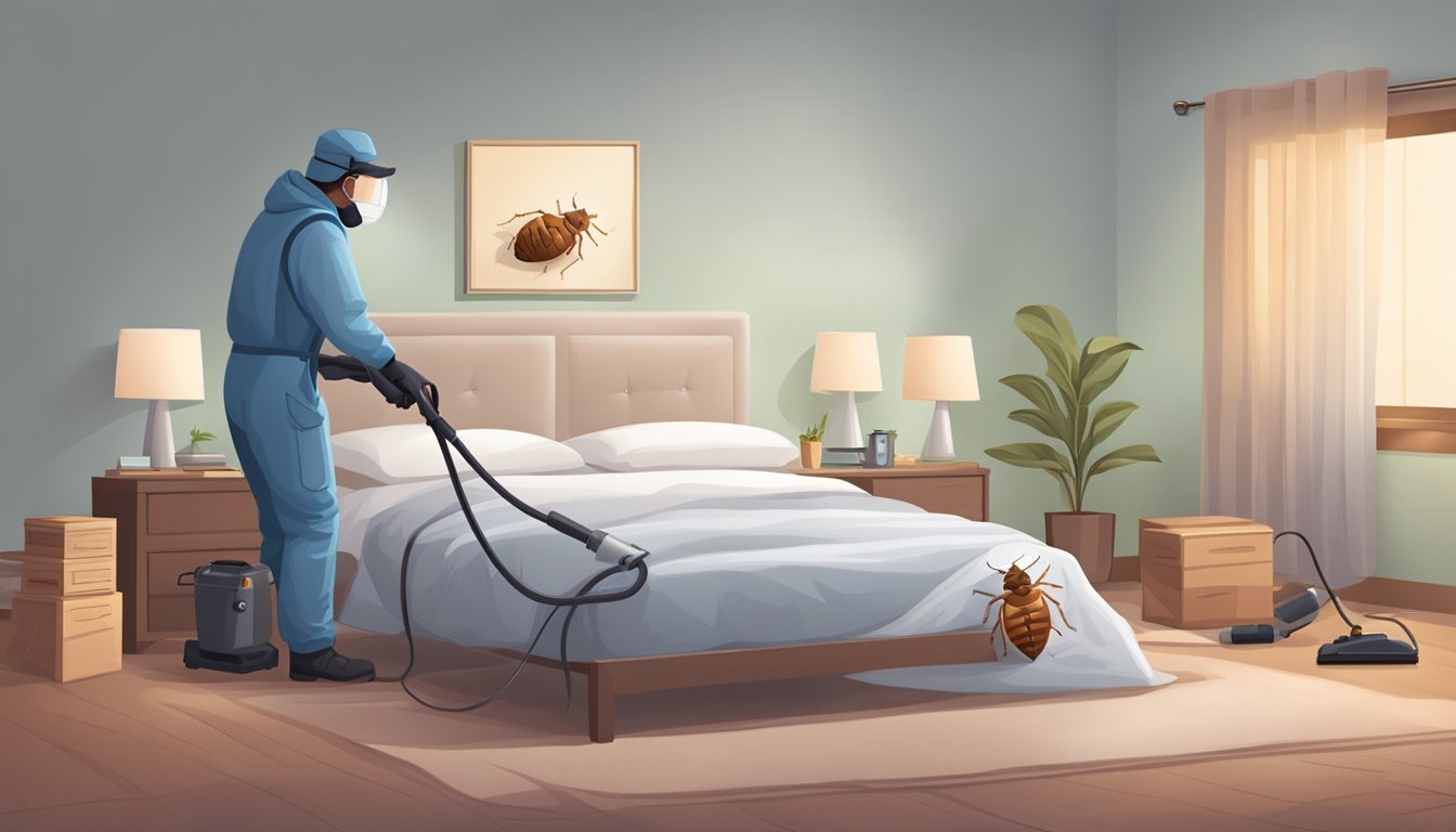 A bed bug extermination scene: A bed with visible bed bugs. A person spraying insecticide. Vacuum cleaner and sealed bags for bedding