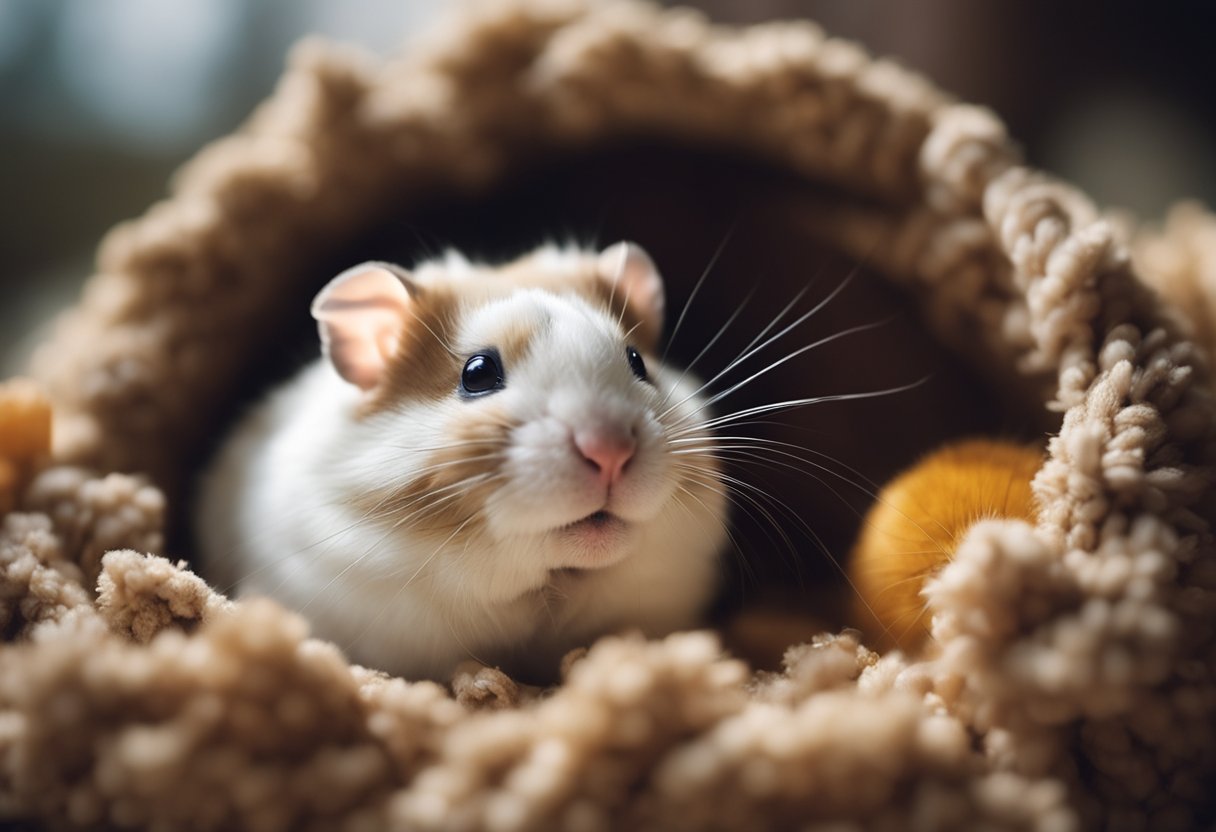 A hamster curls up in its cozy bedding, eyes closed, peacefully sleeping. Nearby, a wheel and chew toys show signs of recent use