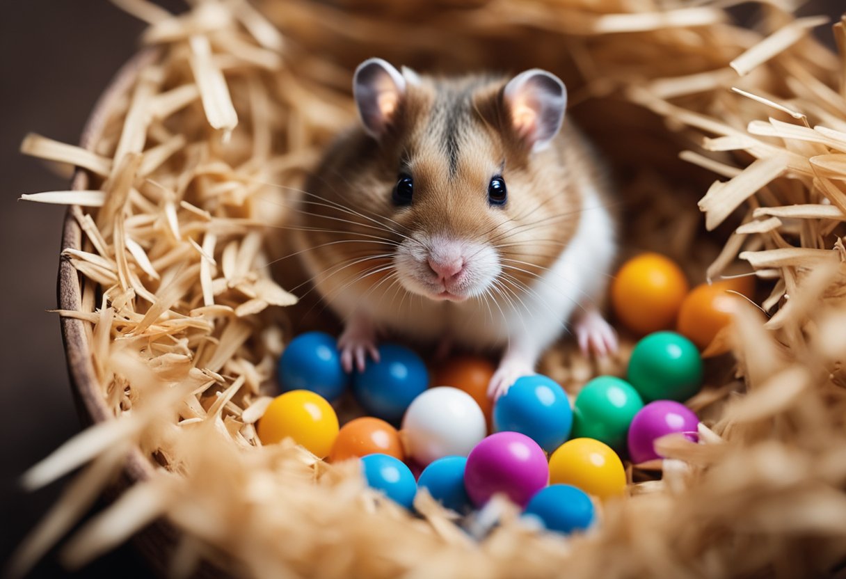 A cozy hamster nestled in a soft bed of wood shavings, surrounded by a small water bottle, food dish, and a colorful wheel for exercise
