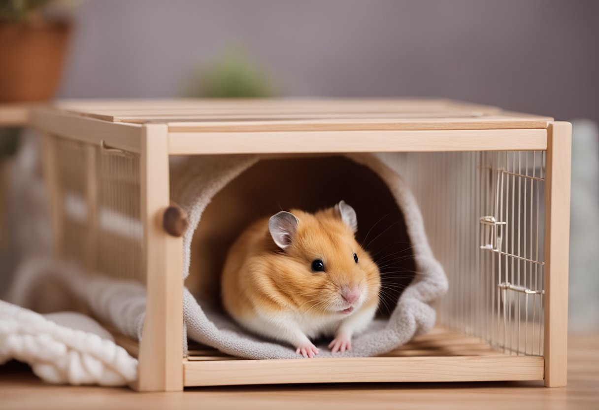 A hamster peacefully sleeping in its cozy, well-equipped cage with soft bedding and a small hideout