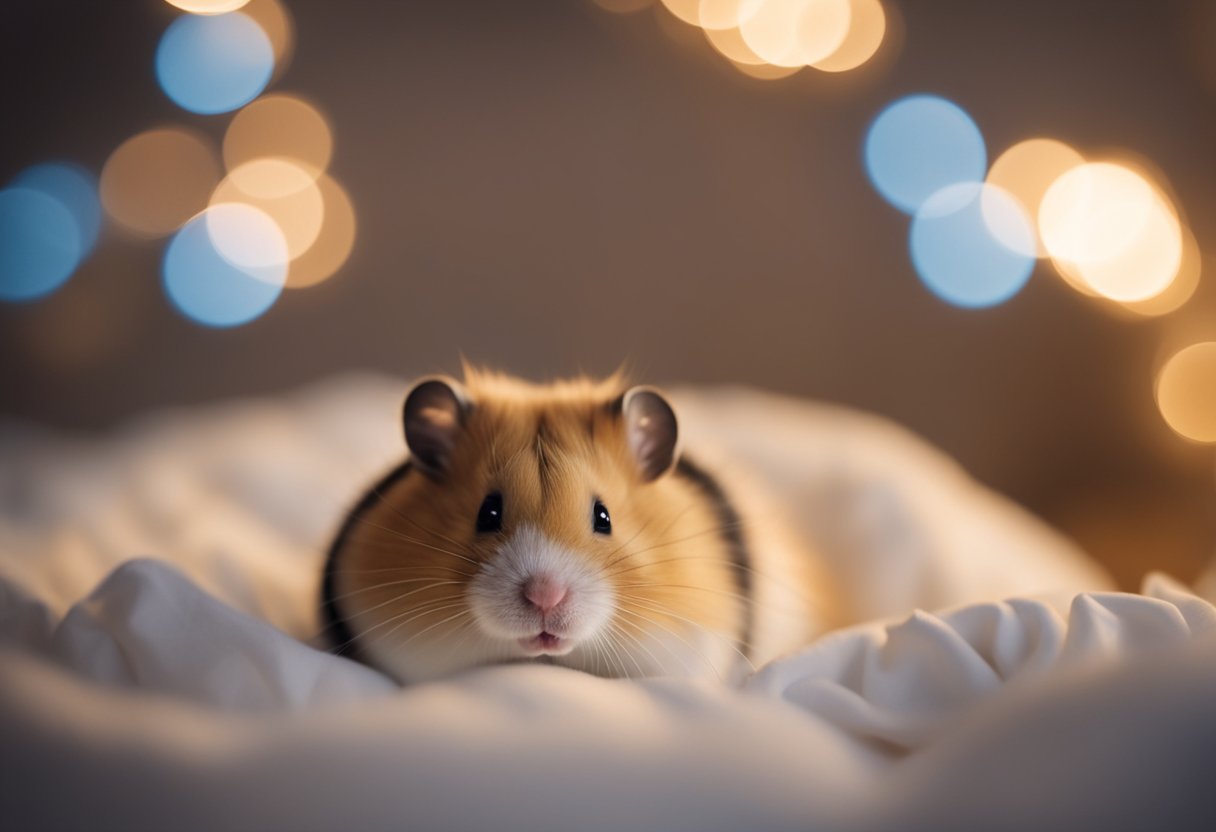 A hamster curled up in a cozy bed, nestled amongst soft bedding, peacefully sleeping