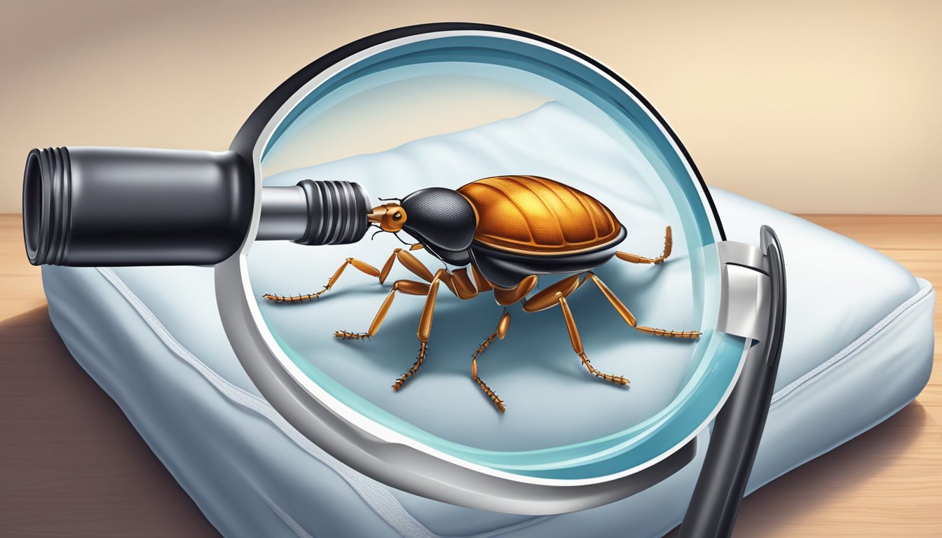 A magnifying glass hovers over a mattress, revealing tiny bed bugs and their eggs hidden in the seams. A pest control spray sits nearby, ready to be used for extermination