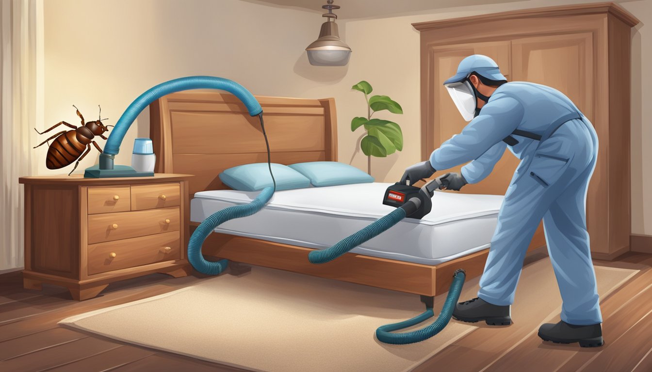 A bed bug exterminator sprays a mattress and surrounding furniture with pesticide, while using a vacuum to remove any remaining bugs and eggs