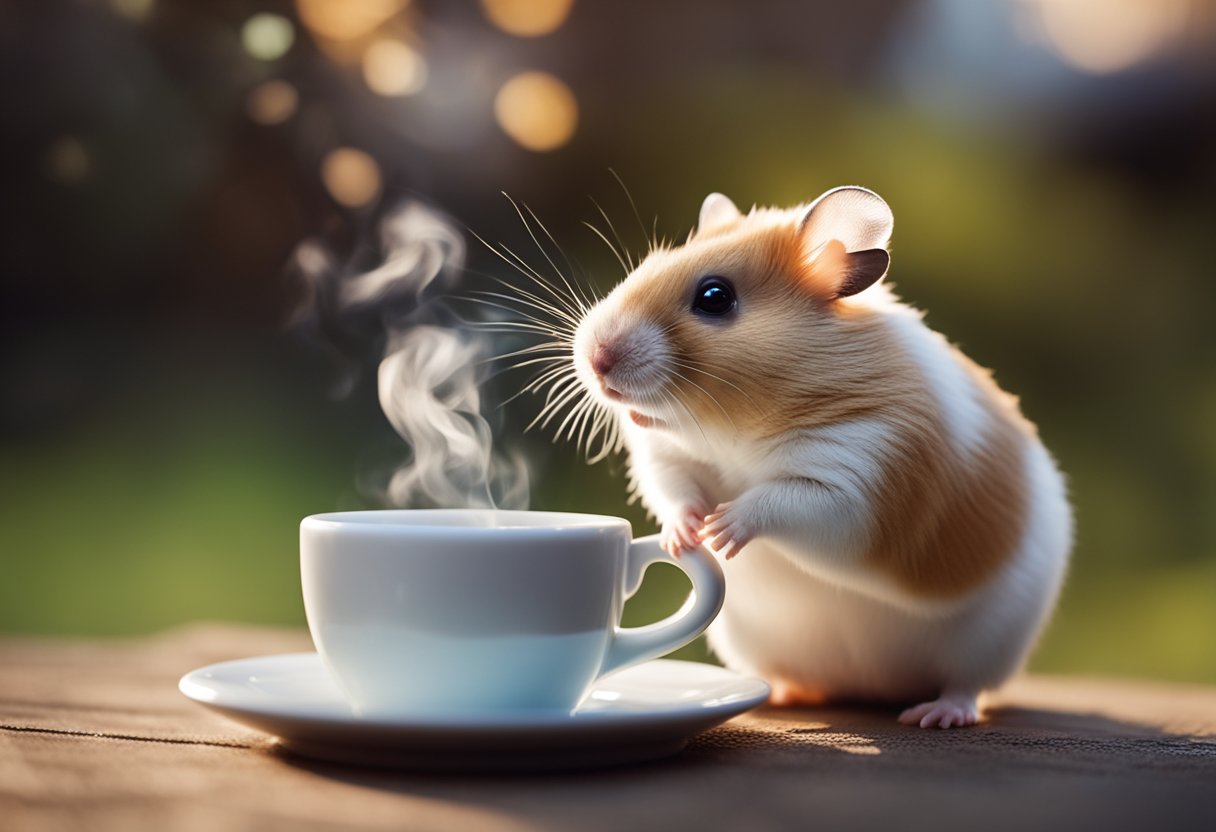 A hamster sits near a tiny coffee cup, sniffing the steam with curiosity