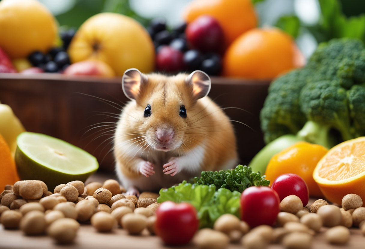 A hamster surrounded by fresh fruits, vegetables, and pellets. A cup of coffee is placed far away from the hamster's reach