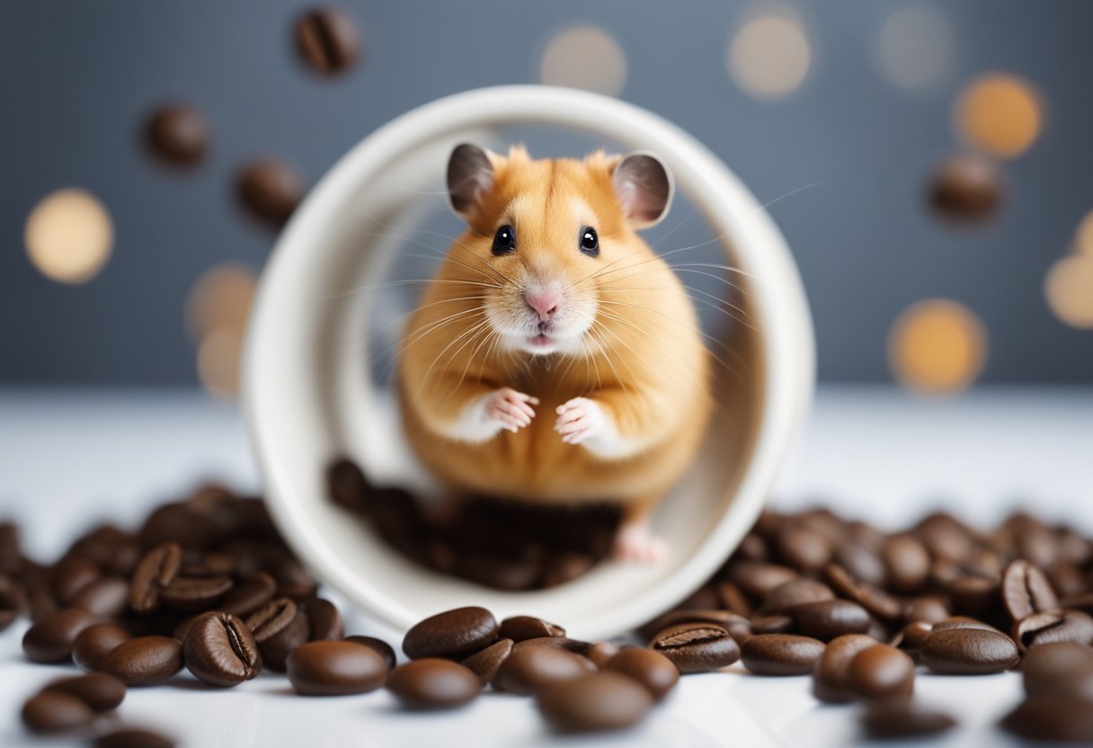 A hamster is shown running in a wheel with wide eyes and an alert expression, surrounded by scattered coffee beans and a spilled cup of coffee